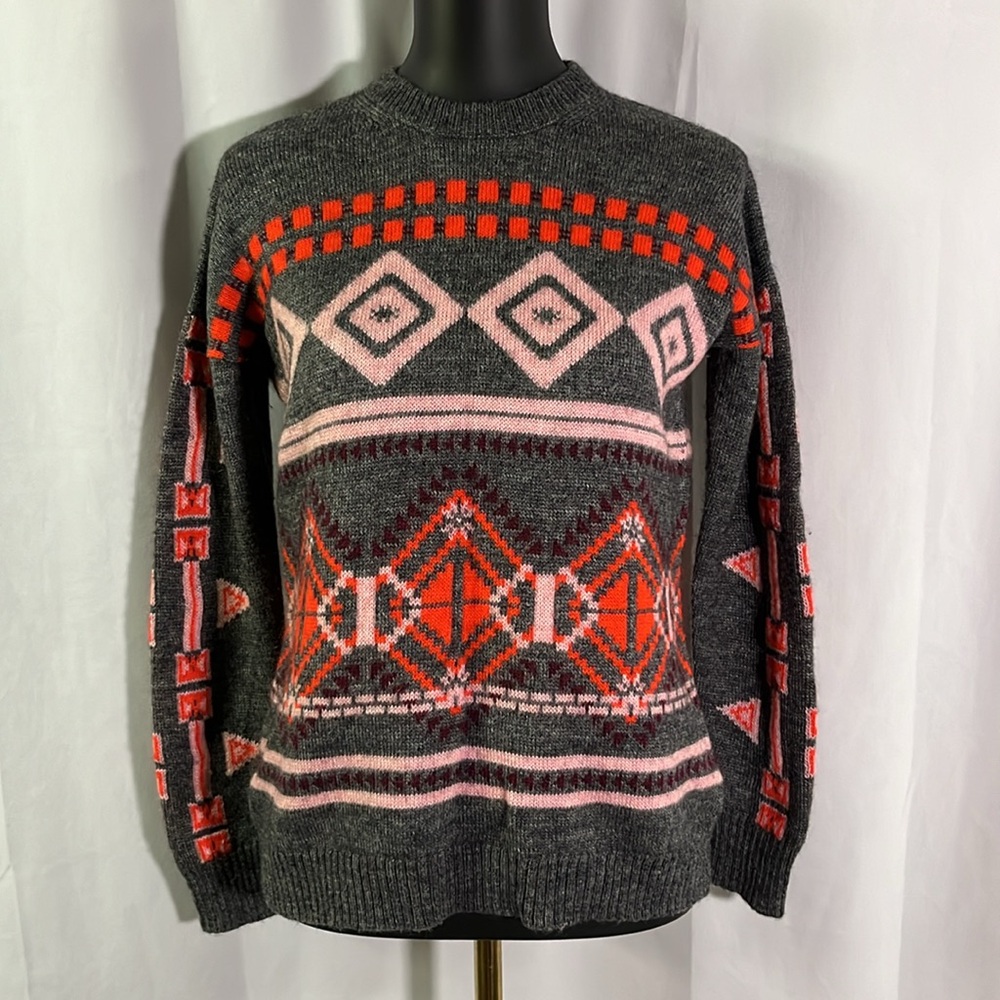 J. Crew Grey Red & Pink Printed Wool/Mohair Blend Crewneck Sweater
